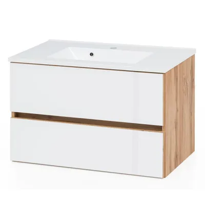 Produktbild von Badmöbel Waschtisch 80 cm HEERLEN-03 inkl. Waschtisch in Wotaneiche Nb. mit Glasfronten, weiß, B/H/T: ca. 80/56/47 cm