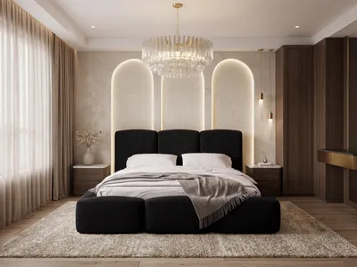 Produktbild von Polsterbett 180x200 mit Bettkasten & Metall-Lattenrost – Stauraumbett mit hohem Kopfteil in Schwarz Boucle – Doppelbett mit Stauraum, Bettgestell, ohne Matratze – Harmony