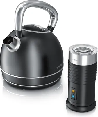 A black electric kettle and a black milk frother are displayed against a white background.