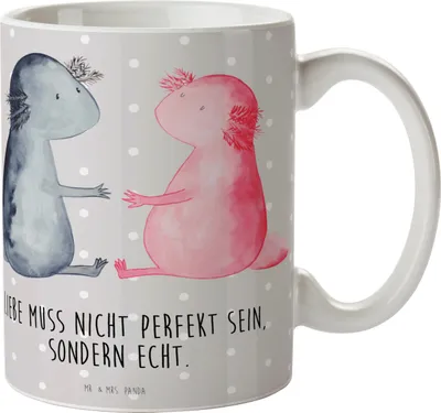 Produktbild von Mr. & Mrs. Panda Trinkbecher Axolotl Liebe - Grau Pastell - Geschenk, Tasse, Kaffeetasse, Valentinstag, Freund, hochwertige, Becher, cappuccinotasse, kaffeebecher keramik