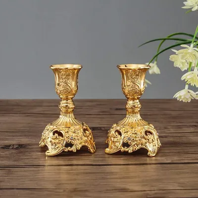 Zdjęcie produktu dla Sziqiqi zestaw 2 świeczników w kolorze złotym do dekoracji stołu weselnego w stylu vintage na Szabat