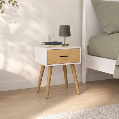 Produktbild von VCM Beistelltisch Nachttisch mit Schublade, 45 x 30 x 56 cm, Holzoptik, modernes Retro-Design - Singol  L