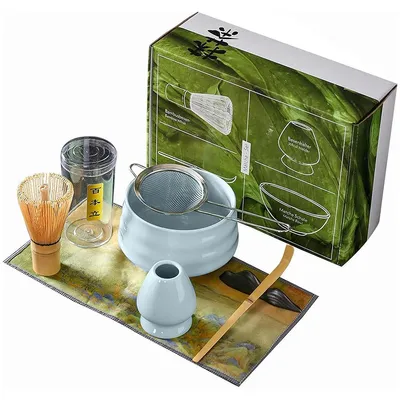 Produktbild von Matcha Teeschale Set,Japanisches Teezubehör mit Bambusbesen, Löffel, Chasenhalter und Sieb,Geschenkbox,Blau