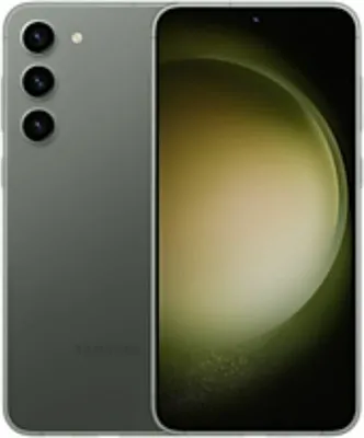 A studio shot of a green Samsung Galaxy S23 Plus smartphone, shown from the back and front.