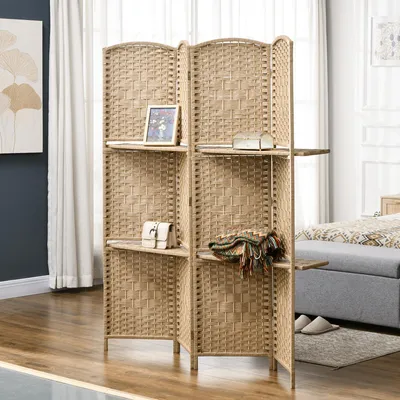 Produktbild von Sweiko 4-teiliger Paravent, 160 x 170 cm, faltbare Trennwand mit 2 Regalen, Naturholz
