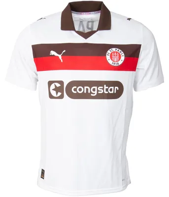 Produktbild von FC St. Pauli PUMA Auswärtstrikot 2025/26, Offizieller Fanartikel, Weißes Trikot mit braun-rotem Brustring, 100% Recyceltes Polyester