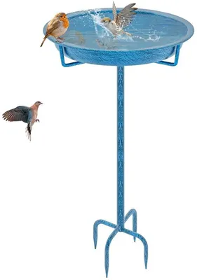 Productafbeelding van Ibenzoa® Metalen vogelbad voor buiten, retroblauw, 92 x 27 cm (diameter kom 25 cm) – robuust en weerbestendig, geschikt voor wilde vogels