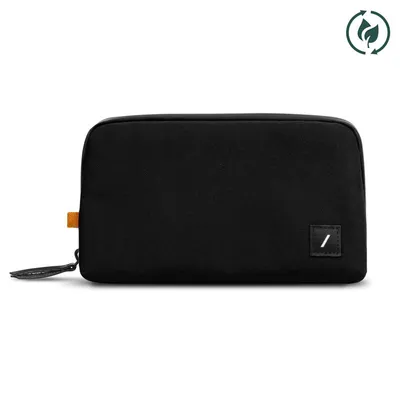 A black pouch on a white background.