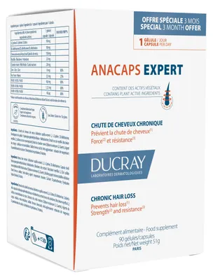 Produktbild von Nahrungsergänzungsmittel, Ducray, Anacaps Expert, Chronisch, Haarausfall Behandlung mit Aminosäuren und Heidelbeerextrakt, 90 Kapseln