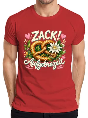 Zdjęcie produktu dla Koszulka męska, czerwona, rozmiar M, z motywem: Zack, Brezel, Edelweiss, , Lederhose, Dirndl