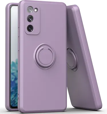 A purple phone case with a ring holder is shown leaning against another identical case.