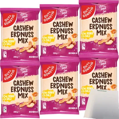 Produktbild von Gut & Günstig Cashew-Erdnuss-Mix mit Honig und Salz lecker karamellisiert 6er Pack (6x200g Packung) + usy Block