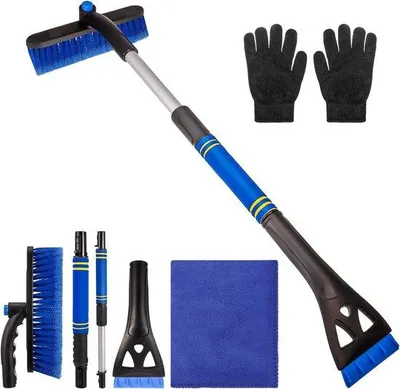 Imagen del producto de Unyqoos® Raspador y cepillo para hielo y nieve 3 en 1, telescópico de 65–80 cm, cepillo de 24 cm, raspador de ABS con dientes, mango de espuma, color azul – ideal para parabrisas, ventanas y techo