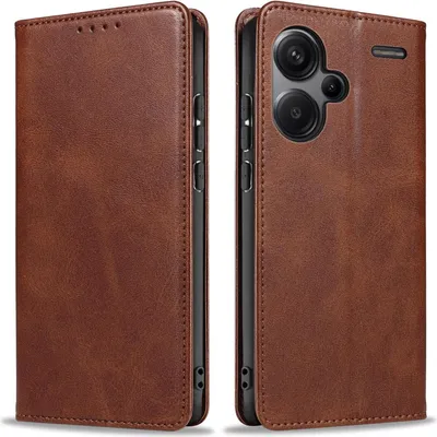A brown leather flip phone case for a Xiaomi Redmi Note 13 Pro+ 5G is shown from two angles.