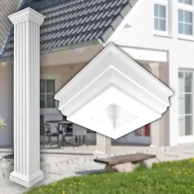 Produktbild von PRESTIGE DECOR Kapitell für Säulen 430x430x130mm Säulenknauf Kunstharzputz weiß, Fassadenverkleidung aussen Pfeiler Wandverkleidung (Kapitell LC114-1F, Größe M geschlossen)