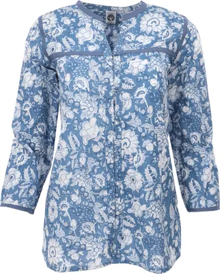 Produktbild von Handbedruckte Bohobluse, Luftige Baumwollbluse - Hellblau, Damen, Baumwolle, Größe: S