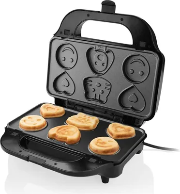 A black sandwich maker with six shaped waffles on the lower plate.