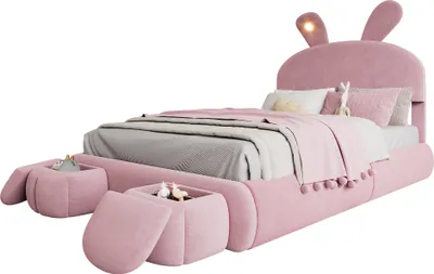 Produktbild von Polsterbett mit LED-Beleuchtung und Sitzhocker (140x200 cm), Doppelbett mit Stauraum, Samt