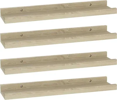 Four identical wooden shelves are stacked vertically against a white background.