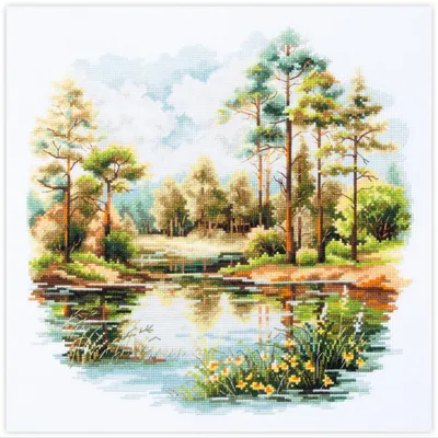Obrázok produktu pre Sada na vyšívanie krížovým stehom Magic Needle „Lesné jazero“, vzor na počítanie, 26 x 26 cm
