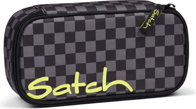A pencil case with a checkered pattern and the brand name "Satch" printed on it.