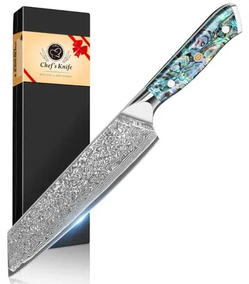 Zdjęcie produktu dla Nóż kuchenny Gyuto – nóż szef kuchni – stal damasceńska VG10 – ostrze o długości 19 cm – ergonomiczna rękojeść ze stali nierdzewnej – wyjątkowo ostry – do mięsa i warzyw