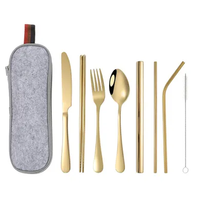 Produktbild von Reisebesteck Camping Besteck, 9-Teilig Edelstahl Outdoor Bestecktasche für Unterwegs,Tragbare Campingbesteck Mit Etui - Gold
