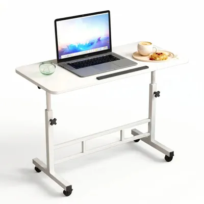 Obrázok produktu pre Mobilný, výškovo nastaviteľný písací stôl s držiakom na notebook – otočná doska o 180 stupňov – skladací – s kolieskami – 80 x 40 cm – biela farba