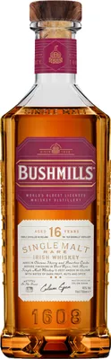 A bottle of Bushmills 16 Year Old Single Malt Irish Whiskey.