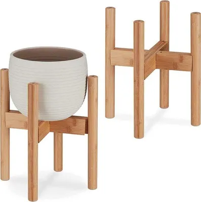 Productafbeelding van Famanu plantenstandaard set van bamboe - verstelbaar en stapelbaar - geschikt voor potten tot 32 cm diameter - naturel