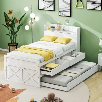 Zdjęcie produktu dla Łóżko z litego drewna, białe, o wymiarach 90x190 cm, z możliwością rozkładania, z dwoma szufladami, stolik nocny z półką i portem USB, łóżko młodzieżowe