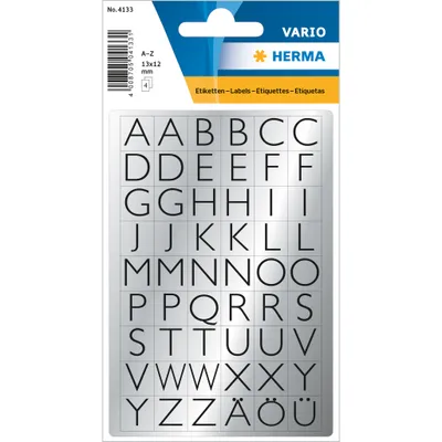 Produktbild von Herma 4133 VARIO Buchstaben - 13 x 12 mm - A bis Z - schwarz auf Silberfolie - 216 Sticker