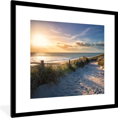 Produktbild von MuchoWow® Gerahmtes Poster Sonnenuntergang - Strand - Düne - Gras - Bank 40x40 cm - Poster mit Schwarzem Bilderrahmen Wandposter Rahmen Foto Bilder - Poster - Plakat im Rahmen