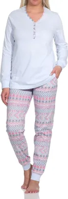 Produktbild von Normann Damen Langarm Schlafanzug Pyjama mit Bündchen im Ethnolook - auch in Übergrössen ; hellblau , 56