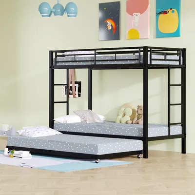 A black metal bunk bed with a pull-out trundle bed, set up in a child's bedroom with artwork on the wall and stuffed animals on the bed.