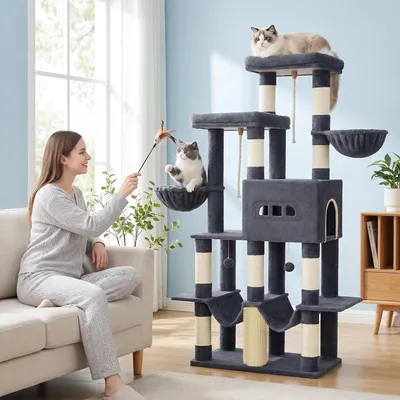 Produktbild von Fobyfurny Kratzbaum, 176 cm Großer Katzenbaum, 2 Plattformen, 2 Große Höhlen, 9 Sisal-Kratzstämme, 2 Hängematten, Katzenkorb, Pompons