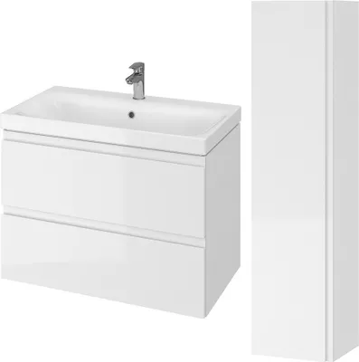 Produktbild von BADLAND Badmöbel Set MODUO 80 Waschbecken-Unterschrank, Hochschrank 160x40x34, Türen mit Spiegel, Weiß