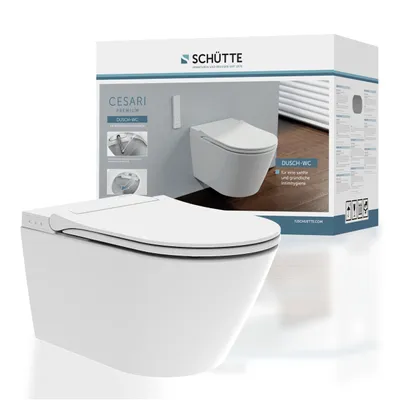 Produktbild von SCHÜTTE Dusch WC CESARI PREMIUM, spülrandlos, Toilette mit Bidet-Funktion und Ladydusche, WC Sitz mit Absenkautomatik Weiß, D-Form Slim