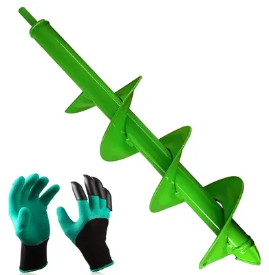 Produktbild von Pflanzbohrer Erdbohrer Gusstahl - 10 x 40 cm - Für Akkubohrmaschine - Mit Arbeitshandschuhen