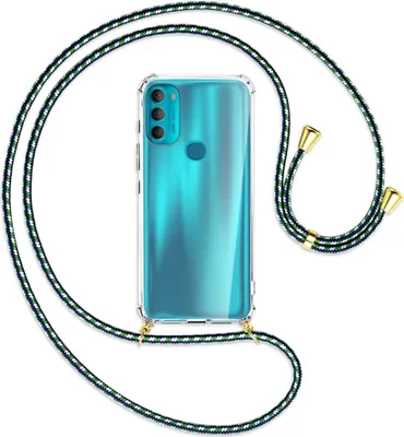 Produktbild von Handykette Backcover-Schutzhülle mit Band (Metall goldfarben) für Motorola Moto G71 5G - grün/blau/weiß