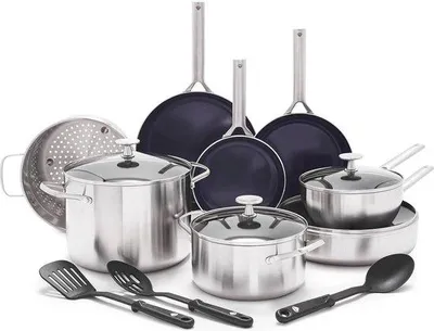 Image de Set de 15 pièces de casseroles en acier inoxydable - Sans PFAS, compatible avec l'induction, lavable au lave-vaisselle - Multi Clad - Argent