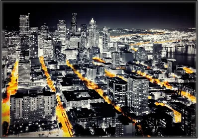 Produktbild von Wallario Wandbild Großstadt bei Nacht - Seattle in schwarz weiß gelb, Größe: 70,30 x 100,30 cm, Poster mit schwarzem Aluminiumrahmen