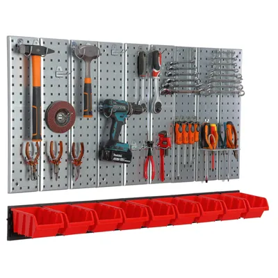 Produktbild von Werkzeugwand 117x72cm Metall Lagersystem mit Werkzeughaltern Werkzeughaken und 9 Stapelboxen rot Lochbrett Werkstatt Garage Steckbrett Elektrowerkzeuge Lochwand