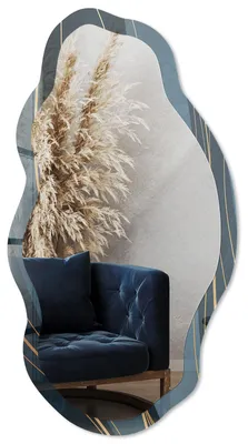 Produktbild von Dekorativer Wandspiegel mit Print, organische asymmetrische Form, 90x45 cm, moderner Designspiegel für Wohnzimmer, Flur und Schlafzimmer - Wellenförmige Formen, KI-generiertes Bild