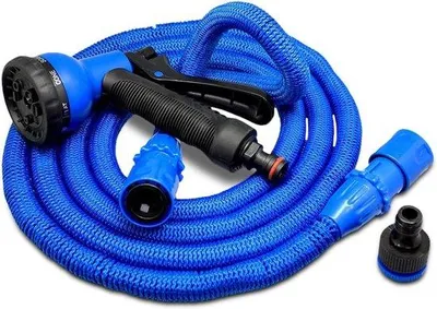 Image de Tuyau d'arrosage extensible - Extensible jusqu'à 22 mètres - 7 modes d'arrosage - Bleu - Tuyau d'arrosage avec pomme d'arrosage