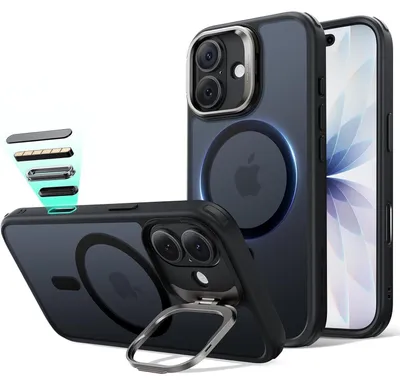 Image de Coque de protection pour iPhone 17, compatible MagSafe, avec support intégré, finition mate noire