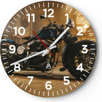 Produktbild von Wanduhr - Rund - Glasuhr - Motorrad Motor - 30x30cm - Schleichendes Uhrwerk - Lautlos - zum Aufhängen bereit - Dekoration Modern - Wanddekoration aus Glas - C4AR30x30-4233