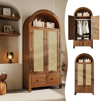 Immagine prodotto di Armadio di 78x45x181 cm con finitura effetto noce e decorazioni in rattan, dotato di 2 ante con chiusura magnetica, 2 cassetti e un'asta appendiabiti, in stile rustico