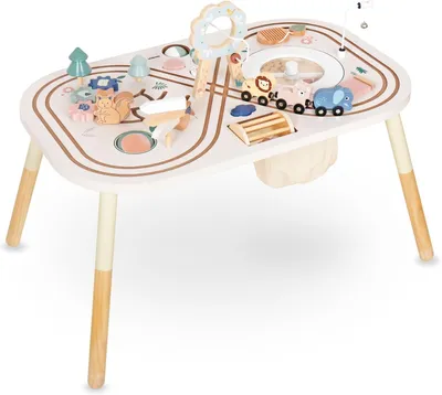 Productafbeelding van 1 houten educatieve tafel - Dierentafel voor kinderen 3+ - Motorische lus met kralen - Vormsorter - Rammelaar en spiegel - Vroeg onderwijsspeelgoed