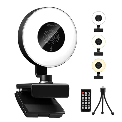 Produktbild von CkeyiN 4K Webcam mit Ringlicht PC Kamera Streaming Kamera 1080P 30FPS Full HD-Webcam Autofokus 3 Lichtsmodi stufenlose Einstellung mit Mikrofon Stativ